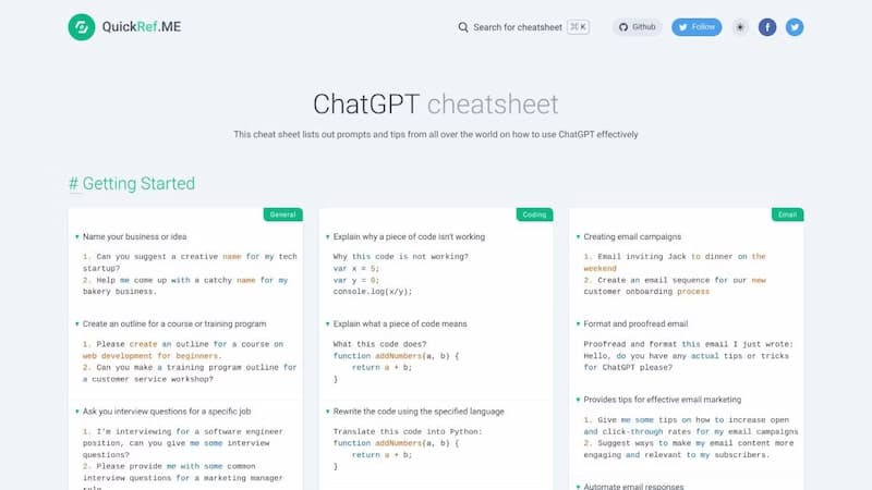 QuickRef ChatGPT Cheat Sheets (Web): Các mẫu hỏi đáp và gợi ý do người dùng đóng góp